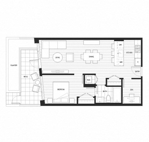 Floor plan for 1 bed, 1 bath